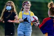 31 October 2021; Michaela Kavanag takes part in a Leinster Rugby Halloween Mini Training Session at Blackrock RFC in Dublin. Photo by Brendan Moran/Sportsfile