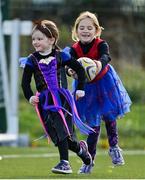 31 October 2021; Amelia Clifford, left, and Maddie McDevitt takes part in a Leinster Rugby Halloween Mini Training Session at Blackrock RFC in Dublin. Photo by Brendan Moran/Sportsfile