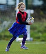 31 October 2021; Maddie McDevitt takes part in a Leinster Rugby Halloween Mini Training Session at Blackrock RFC in Dublin. Photo by Brendan Moran/Sportsfile