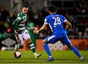 29 October 2021; Graham Burke of Shamrock Rovers in action against Will Seymore of Finn Harps during the SSE Airtricity League Premier Division match between Shamrock Rovers and Finn Harps at Tallaght Stadium in Dublin. Photo by Eóin Noonan/Sportsfile