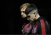 1 November 2021; Bohemians goalkeeper James Talbot, left, and team-mate Dawson Devoy before the SSE Airtricity League Premier Division match between St Patrick's Athletic and Bohemians at Richmond Park in Dublin. Photo by Seb Daly/Sportsfile