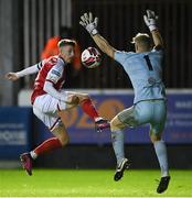 1 November 2021; Chris Forrester of St Patrick's Athletic and Bohemians goalkeeper James Talbot during the SSE Airtricity League Premier Division match between St Patrick's Athletic and Bohemians at Richmond Park in Dublin. Photo by Seb Daly/Sportsfile