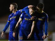 1 November 2021; Bohemians goalscorer Ross Tierney, centre, is congratulated by Keith Ward, left, and Ali Coote after their side's draw in the SSE Airtricity League Premier Division match between St Patrick's Athletic and Bohemians at Richmond Park in Dublin. Photo by Seb Daly/Sportsfile