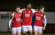 1 November 2021; Jason McClelland of St Patrick's Athletic, left, with team-mates Nahum Melvin-Lambert, centre, and Matty Smith after scoring their side's second goal during the SSE Airtricity League Premier Division match between St Patrick's Athletic and Bohemians at Richmond Park in Dublin. Photo by Seb Daly/Sportsfile