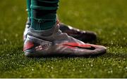 26 October 2021; A general view of the boots worn by Rebecca McKenna of Northern Ireland during the FIFA Women's World Cup 2023 qualifying group D match between Northern Ireland and Austria at Seaview in Belfast. Photo by Ramsey Cardy/Sportsfile