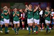 26 October 2021; Northern Ireland players, from left, Julie Nelson, Jessica Foy, Rachel Furness, Marissa Callaghan and Emily Wilson applaud supporters after the FIFA Women's World Cup 2023 qualifying group D match between Northern Ireland and Austria at Seaview in Belfast. Photo by Ramsey Cardy/Sportsfile
