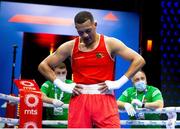 2 November 2021; Kelyn Cassidy of Ireland reacts after his defeat to Aliaksei Alfiorau of Belarus in their 80kg light-heavyweight quarter-final bout during the AIBA Men's World Boxing Championships at Štark Arena in Belgrade, Serbia. Photo by Nikola Krstic/Sportsfile