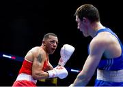 2 November 2021; Kelyn Cassidy of Ireland, left, in action against Aliaksei Alfiorau of Belarus in their 80kg light-heavyweight quarter-final bout during the AIBA Men's World Boxing Championships at Štark Arena in Belgrade, Serbia. Photo by Nikola Krstic/Sportsfile