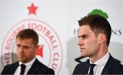 3 November 2021; Shelbourne FC chief executive David O’Connor, right, and newly appointed manager Damien Duff, left, during a media conference at the Clayton Hotel Dublin Airport in Clonshaugh, Dublin. Photo by Seb Daly/Sportsfile