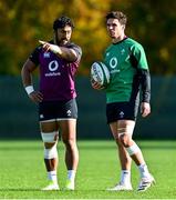3 November 2021; Bundee Aki, left, and Joey Carbery during Ireland rugby squad training at Carton House in Maynooth, Kildare. Photo by Brendan Moran/Sportsfile