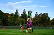 3 November 2021; Jack Conan is lifted by Finlay Bealham and Ultan Dillane during Ireland rugby squad training at Carton House in Maynooth, Kildare. Photo by Brendan Moran/Sportsfile