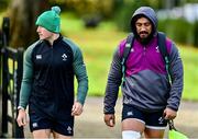 3 November 2021; Jordan Larmour, left, and Bundee Aki arrive for Ireland rugby squad training at Carton House in Maynooth, Kildare. Photo by Brendan Moran/Sportsfile