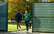 3 November 2021; Robert Baloucoune, left, and James Hume arrive for Ireland rugby squad training at Carton House in Maynooth, Kildare. Photo by Brendan Moran/Sportsfile