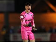 3 November 2021; UCD goalkeeper Lorcan Healy celebrates his side's second goal, scored by team-mate Colm Whelan, during the SSE Airtricity League First Division Play-Off Semi-Final 1st leg match between Treaty United and UCD at Markets Field in Limerick. Photo by Michael P Ryan/Sportsfile