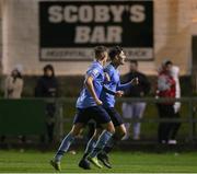 3 November 2021; Colm Whelan of UCD, right, celebrates after scoring his side's third goal during the SSE Airtricity League First Division Play-Off Semi-Final 1st leg match between Treaty United and UCD at Markets Field in Limerick. Photo by Michael P Ryan/Sportsfile