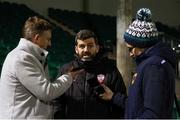 3 November 2021; Treaty United manager Tommy Barrett is interviewed by Mike Aherne of Live 95, left, and Tom Clancy after the SSE Airtricity League First Division Play-Off Semi-Final 1st leg match between Treaty United and UCD at Markets Field in Limerick. Photo by Michael P Ryan/Sportsfile