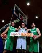 5 November 2021; Irish internationals, from left, Neil Randolph, Lorcan Murphy and Kyle Hosford at the National Basketball Arena for the announcement that TG4 will broadcast Ireland's home FIBA EuroBasket Qualifiers this November. Photo by Brendan Moran/Sportsfile