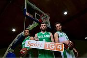 5 November 2021; Irish internationals, from left, Neil Randolph, Kyle Hosford and Lorcan Murphy at the National Basketball Arena for the announcement that TG4 will broadcast Ireland's home FIBA EuroBasket Qualifiers this November. Photo by Brendan Moran/Sportsfile