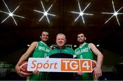 5 November 2021; (EDITORS NOTE: A special effects camera filter was used for this image.) Irish internationals, from left, Neil Randolph, men's senior head coach Mark Keenan and Kyle Hosford at the National Basketball Arena for the announcement that TG4 will broadcast Ireland's home FIBA EuroBasket Qualifiers this November. Photo by Brendan Moran/Sportsfile