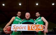 5 November 2021; Irish internationals, from left, Neil Randolph, men's senior head coach Mark Keenan and Kyle Hosford at the National Basketball Arena for the announcement that TG4 will broadcast Ireland's home FIBA EuroBasket Qualifiers this November. Photo by Brendan Moran/Sportsfile