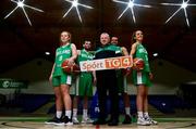 5 November 2021; (EDITORS NOTE: A special effects camera filter was used for this image.) Irish internationals, from left, Sorcha Tiernan, Kyle Hosford, men's senior head coach Mark Keenan, Neil Randolph and Dayna Finn at the National Basketball Arena for the announcement that TG4 will broadcast Ireland's home FIBA EuroBasket Qualifiers this November. Photo by Brendan Moran/Sportsfile