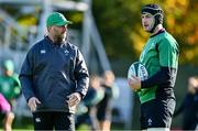 3 November 2021; Assistant coach Mike Catt, left, with Caelan Doris during Ireland rugby squad training at Carton House in Maynooth, Kildare. Photo by Brendan Moran/Sportsfile