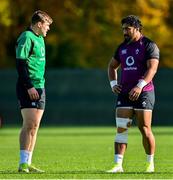 3 November 2021; Bundee Aki, right and Garry Ringrose during Ireland rugby squad training at Carton House in Maynooth, Kildare. Photo by Brendan Moran/Sportsfile