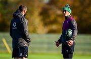 3 November 2021; Team captain Jonathan Sexton speaks to head coach Andy Farrell during Ireland rugby squad training at Carton House in Maynooth, Kildare. Photo by Brendan Moran/Sportsfile
