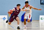30 October 2021; Evan O'Rourke of NUIG Maree in action against Chris Arcilla of Griffith College Templeogue during the InsureMyHouse.ie Pat Duffy National Cup Round 1 match between NUIG Maree and Griffith College Templeogue at NUIG Kingfisher Gym in Galway. Photo by Brendan Moran/Sportsfile
