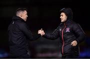 4 November 2021; Sami Ben Amar of Dundalk, right, greets team-mate Brian Gartland before the SSE Airtricity League Premier Division match between Drogheda United and Dundalk at Head in the Game Park in Drogheda, Louth. Photo by Ben McShane/Sportsfile