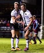4 November 2021; Daniel Cleary of Dundalk celebrates with team-mate David McMillan after scoring their side's first goal during the SSE Airtricity League Premier Division match between Drogheda United and Dundalk at Head in the Game Park in Drogheda, Louth. Photo by Ben McShane/Sportsfile