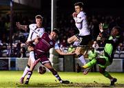 4 November 2021; Daniel Cleary of Dundalk has a shot on goal blocked by Joe Redmond of Drogheda United during the SSE Airtricity League Premier Division match between Drogheda United and Dundalk at Head in the Game Park in Drogheda, Louth. Photo by Ben McShane/Sportsfile