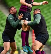 5 November 2021; Dave Kilcoyne, left, and Cian Healy lift team-mate Jack Conan during the Ireland rugby captain's run at Aviva Stadium in Dublin. Photo by Brendan Moran/Sportsfile