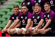 5 November 2021; Team captain Jonathan Sexton, right, looks on as the squad assemble for their team photograph before the Ireland rugby captain's run at Aviva Stadium in Dublin. Photo by Brendan Moran/Sportsfile