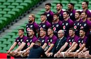 5 November 2021; IRFU president Des Kavanagh, sitting alongside team captain Jonathan Sexton, fourth from left, for the team photograph on the occasion of Sexton earning his 100th cap for Ireland, before the Ireland rugby captain's run at Aviva Stadium in Dublin. Also pictured are players, front, from left, Garry Ringrose, Jack Conan, Tadhg Furlong, Peter O’Mahony, and Conor Murray, with middle row, from left, Andrew Porter, Dan Sheehan, Caelan Doris, James Ryan, Iain Henderson and Tadhg Beirne and back row, from left, Hugo Keenan, Ronán Kelleher, Bundee Aki and James Lowe. Photo by Brendan Moran/Sportsfile