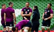 5 November 2021; Ireland forwards, from left, Tadhg Furlong, Peter O’Mahony, Tadhg Beirne, high performance analyst Vinny Hammond and Jack Conan during the Ireland rugby captain's run at Aviva Stadium in Dublin. Photo by Brendan Moran/Sportsfile