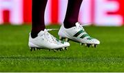 5 November 2021; The boots of team captain Jonathan Sexton, with the initials of his wife Laura and children Luca, Amy and Sophie, on the occasion of earning his 100th cap for Ireland, during the Ireland rugby captain's run at Aviva Stadium in Dublin. Photo by Brendan Moran/Sportsfile