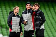 5 November 2021; Japan head coach Jamie Joseph, right, takes a selfie with assistant coach Tony Brown, left, and strength & conditioning coach Andrew Beardmore during the Japan rugby captain's run at Aviva Stadium in Dublin. Photo by Brendan Moran/Sportsfile