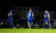 5 November 2021; John Martin of Waterford, right, celebrates with team-mates after scoring their side's first goal  after scoring his side's first goal during the SSE Airtricity League Premier Division match between Waterford and Shamrock Rovers at the RSC in Waterford. Photo by Seb Daly/Sportsfile