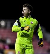 5 November 2021; Sligo Rovers goalkeeper Ed McGinty celebrates after his side's second goal, scored by Johnny Kenny, during the SSE Airtricity League Premier Division match between St Patrick's Athletic and Sligo Rovers at Richmond Park in Dublin. Photo by Ben McShane/Sportsfile