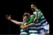 5 November 2021; Sean Hoare of Shamrock Rovers, centre, celebrates with team-mates, including Danny Mandroiu, right, after scoring their side's second goal during the SSE Airtricity League Premier Division match between Waterford and Shamrock Rovers at the RSC in Waterford. Photo by Seb Daly/Sportsfile