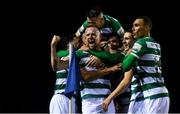 5 November 2021; Sean Hoare of Shamrock Rovers, centre, celebrates with team-mates, including Roberto Lopes, Danny Mandroiu, Max Murphy and Graham Burke, after scoring their side's second goal during the SSE Airtricity League Premier Division match between Waterford and Shamrock Rovers at the RSC in Waterford. Photo by Seb Daly/Sportsfile