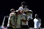 5 November 2021; Sligo Rovers players, including Walter Figueira, top, celebrate their side's third goal, scored by Adam McDonnell, 17,  during the SSE Airtricity League Premier Division match between St Patrick's Athletic and Sligo Rovers at Richmond Park in Dublin. Photo by Ben McShane/Sportsfile