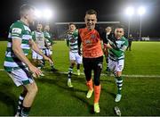 5 November 2021; Shamrock Rovers goalkeeper Leon Pohls celebrates with team-mates Sean Hoare, left, and Aaron Greene after their side's victory in the SSE Airtricity League Premier Division match between Waterford and Shamrock Rovers at the RSC in Waterford. Photo by Seb Daly/Sportsfile