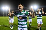 5 November 2021; Roberto Lopes of Shamrock Rovers celebrates after his side's victory in the SSE Airtricity League Premier Division match between Waterford and Shamrock Rovers at the RSC in Waterford. Photo by Seb Daly/Sportsfile