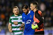 5 November 2021; Shamrock Rovers goalkeeper Leon Pohls, right, team-mate Sean Hoare, left, and Anthony Wordsworth of Waterford during the SSE Airtricity League Premier Division match between Waterford and Shamrock Rovers at the RSC in Waterford. Photo by Seb Daly/Sportsfile