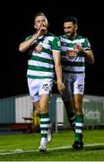 5 November 2021; Sean Hoare of Shamrock Rovers, left, celebrates with team-mate Roberto Lopes after scoring their side's second goal during the SSE Airtricity League Premier Division match between Waterford and Shamrock Rovers at the RSC in Waterford. Photo by Seb Daly/Sportsfile