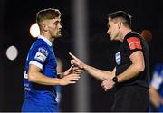 5 November 2021; Referee Robert Hennessy speaks to Cameron Evans of Waterford during the SSE Airtricity League Premier Division match between Waterford and Shamrock Rovers at the RSC in Waterford. Photo by Seb Daly/Sportsfile