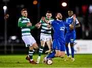5 November 2021; Anthony Wordsworth of Waterford in action against Dylan Watts, left, and Gary O'Neill of Shamrock Rovers during the SSE Airtricity League Premier Division match between Waterford and Shamrock Rovers at the RSC in Waterford. Photo by Seb Daly/Sportsfile