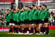 6 November 2021; Dan Sheehan of Ireland centre, along with his team-mates stand for the national anthem before the Autumn Nations Series match between Ireland and Japan at Aviva Stadium in Dublin. Photo by David Fitzgerald/Sportsfile